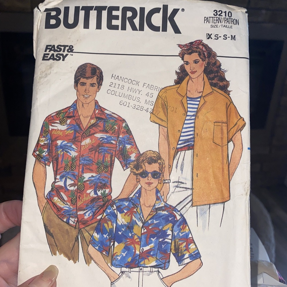 Vintage 1985 Butterick Unisex Shirt Sewing Pattern 3210 Size XS-S-M Cut Complete